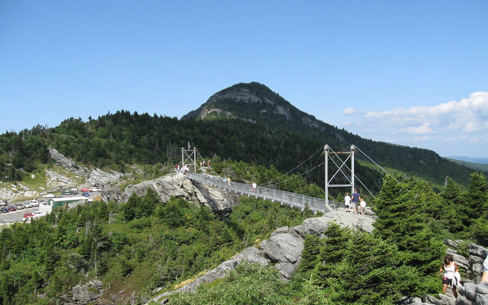 Visitors cross a suspension bridge between rocky peaks with forested mountains beyond